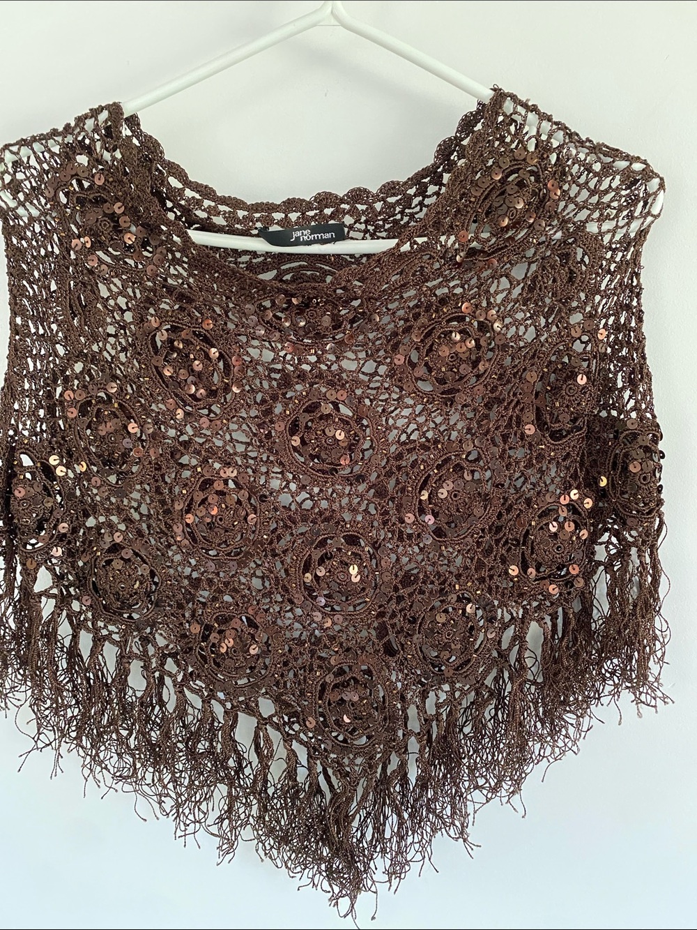 JANE NORMAN Brown Crochet Sequin Fringe Sweater Top